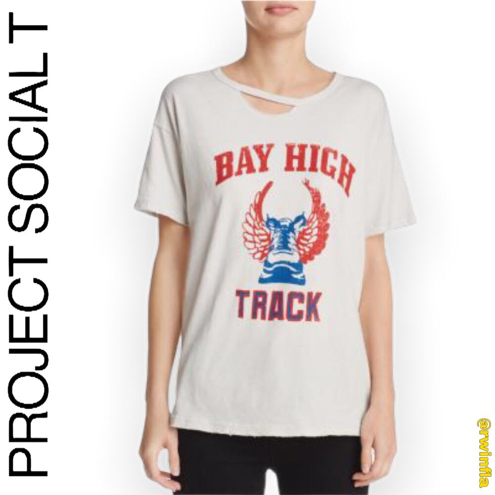 PROJECT SOCIAL T Bay High Track Cutout Distressed Tee White Women's Size Small